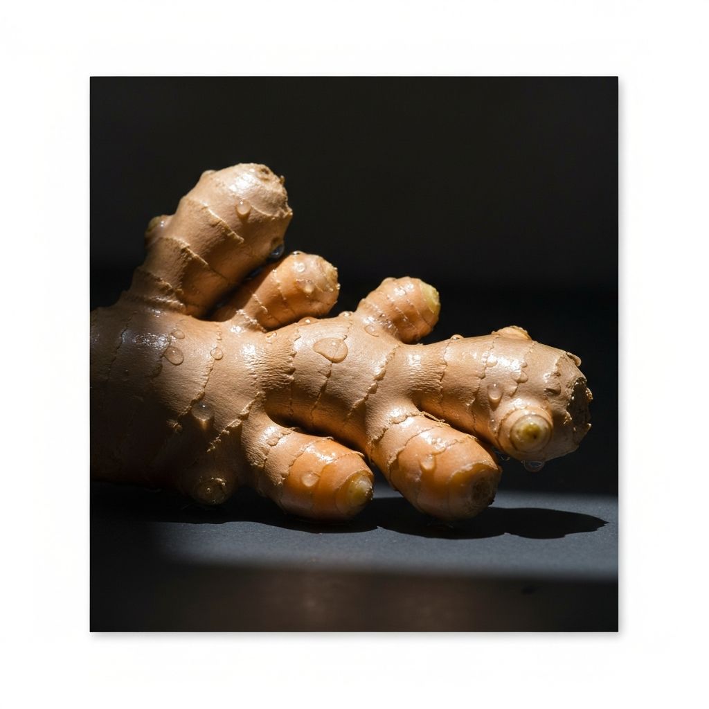 Ginger root with water droplets